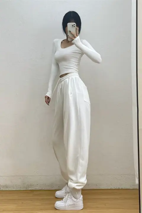 GQSTORE レディース ワイドレッグ ジョガーパンツ【ホワイト・ルーズフィット・ストレッチ・カジュアル】