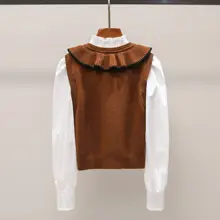 冬季復古デザインの立襟フリルニットシャツ【レイヤード風】