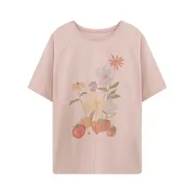 植物モチーフのコットンTシャツ【クラシックラウンドネック・二重層・ドルマンスリーブ・レディース】