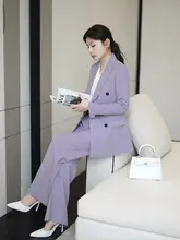 グレー紫色のテーラードジャケットとワイドパンツのセット【女性用・ビジネス・通勤用】