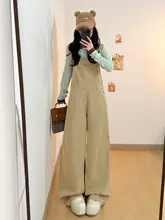 カジュアルなデニムオーバーオール【春用・ワイドシルエット・カーキ色・女性用】（セットアップ対応）