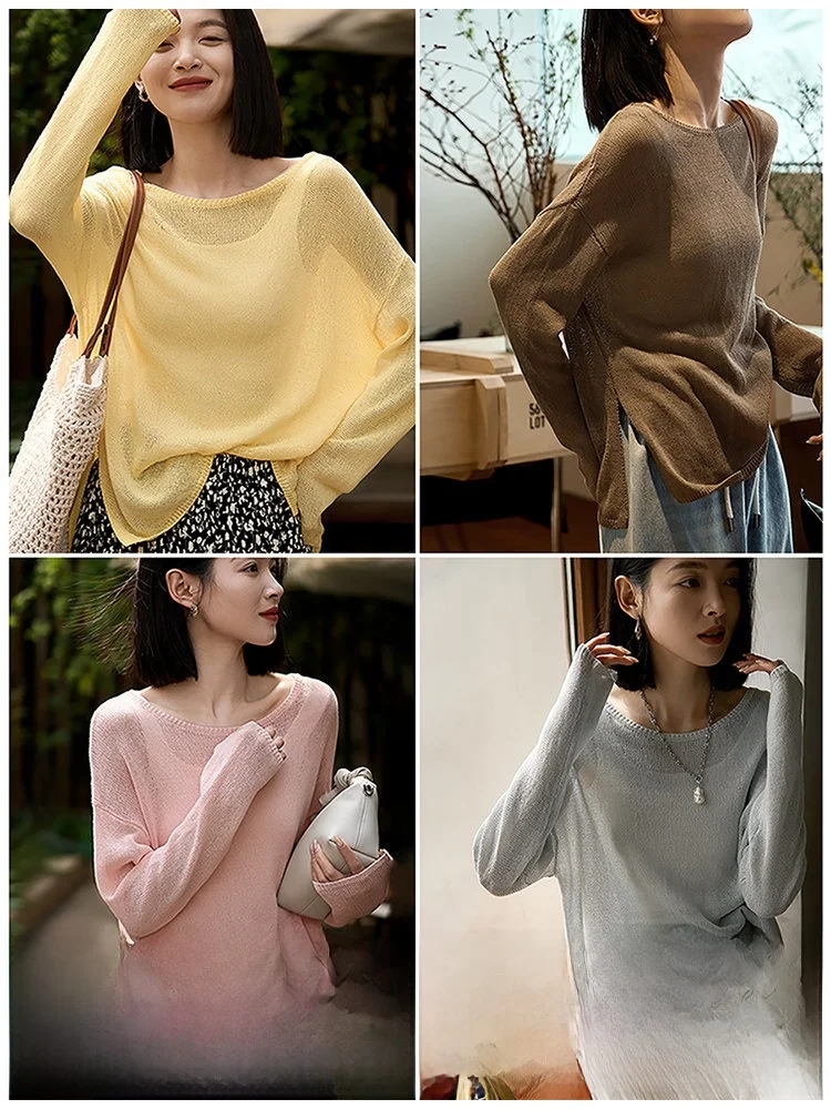 軽やかな透け感の和紙風ボートネックニットトップス【女性用・春夏用・体型カバー】 春コーデに最適なアイテム