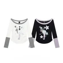 アニメ風 デザインのオフショルダー長袖Tシャツ【春用・ショート丈・女性用】