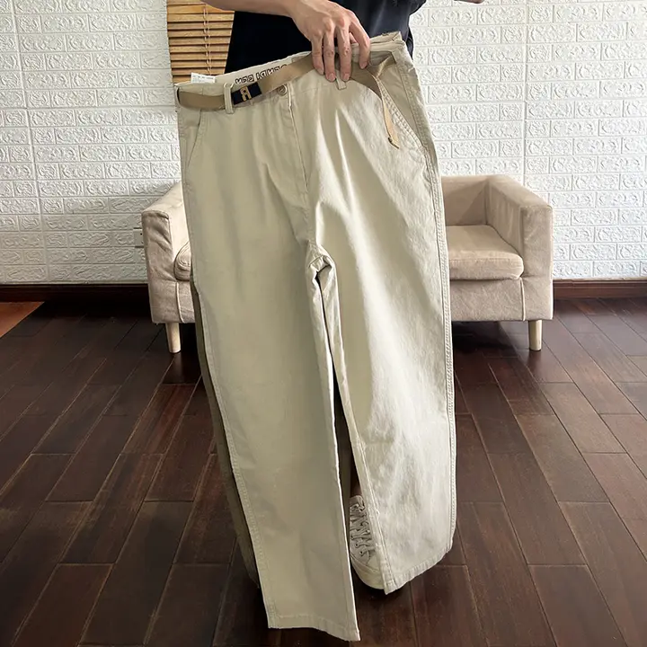 水洗コットン製 シンプル ロングパンツ【秋用・ストレッチ・フィット】（セットアップ対応）