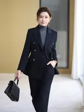 秋冬用 高級ウールカシミヤスーツ【女性・フィット感のあるデザイン・ネイビーブルー・キャリアスタイル】（セットアップ対応）