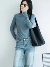 レディース 薄手 長袖 Tシャツ【スリムフィット・単色・通勤用・霧がかった青・ブラック】