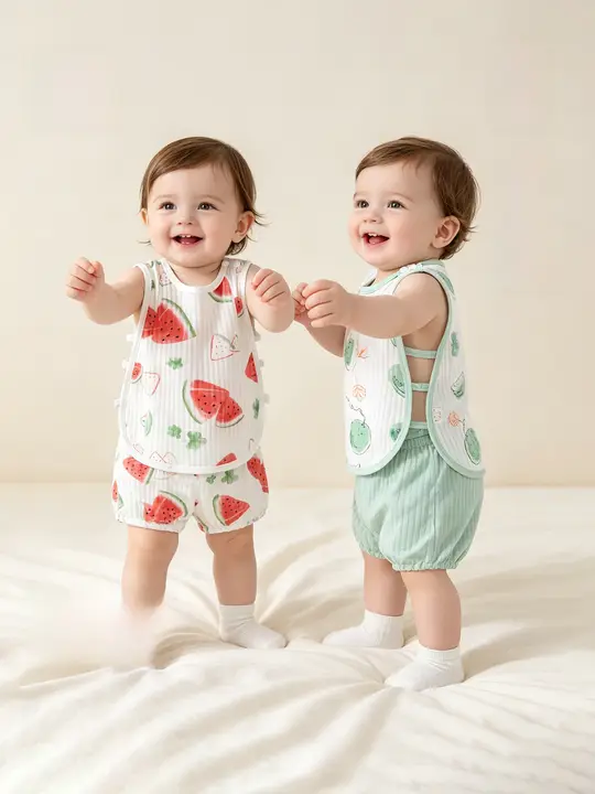 赤ちゃん用天竹綿の夏用薄手トップス【ノースリーブ・琵琶模様・短パン】（セットアップ対応）