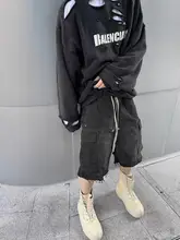 ROSスタイル ウォッシュ加工ジッパー付き グレーヘザー 多ポケット ワーク風 抽引紐付き デニムショートパンツ 男女兼用