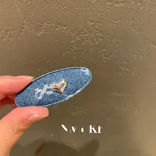 デニム風 ハート型ヘアクリップ【ヴィンテージスタイル・リボンデザイン・横留め用】