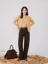 秋冬用 高腰レトロデザインのコーヒーカラー デニムパンツ【スリムストレート】