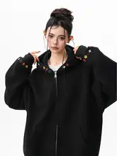 刺繍入りフード付きカーディガン【ユニセックス・レトロデザイン・ダブルジッパー】