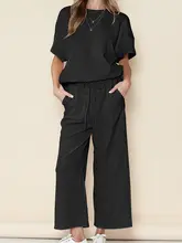 夏用 レディースカジュアルセットアップ【ゆったりした質感・シンプルな短袖Tシャツ・薄手のロングパンツ】（セットアップ対応）