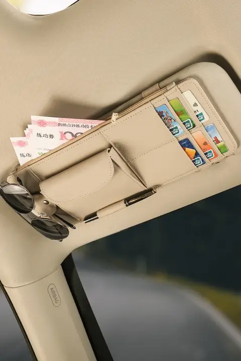 車用遮光板収納バッグ【本革・多機能化粧鏡・カードホルダー付き】