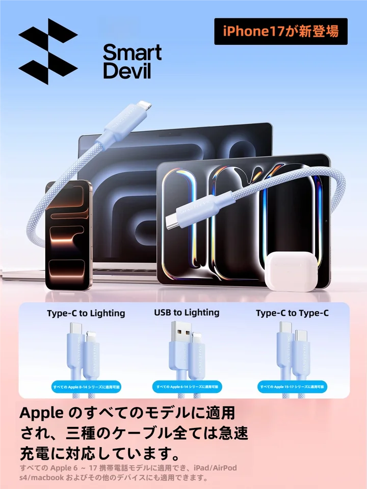 SmartDevil iPhone対応のPD急速充電ケーブル【編み込みデザイン・USB Type-CからLightning変換】