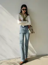 春秋用ハイウエスト青デニムパンツ【ストレッチ・フレア・スリムフィット】