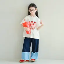 デニムパンツ キッズ ガールズ ほつれ加工 ストレート ルーズ 着回し カジュアル 春物