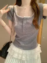 レース切り替えの大きなネックラインの半袖Tシャツ【春夏用・女性用・おしゃれなトップス】（セットアップ対応）