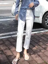 高腰白色ストレートデニムパンツ【レディース・ハイウエスト・九分丈・スリムフィット】