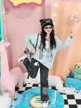 星柄ストライプ切り替えカートゥーンデザイン長袖Tシャツ【グリーン・ゆったりシルエット】（セットアップ対応）
