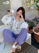 夏用紫系コーディネート【デザインシャツ・フラワープリント・防晒】とワイドパンツ（セットアップ対応）