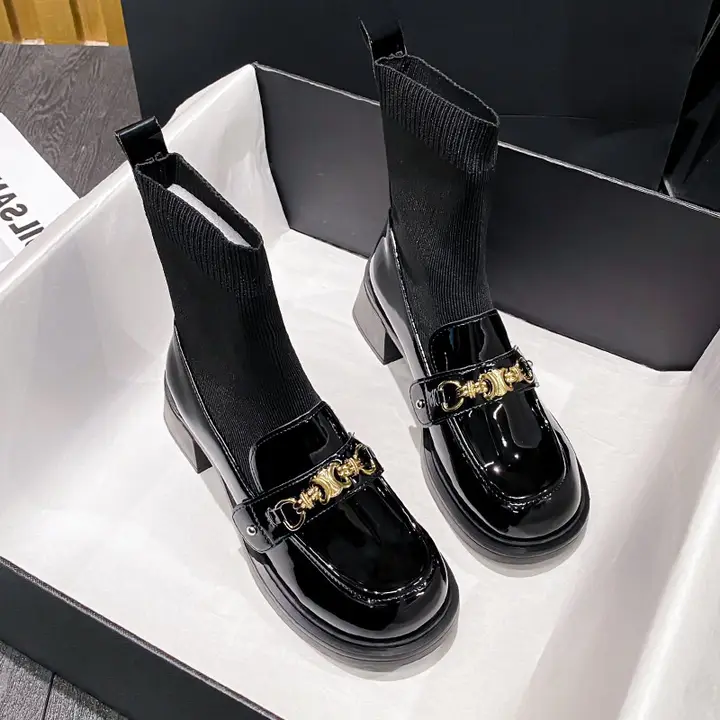 秋冬用 ブラック サッキングブーツ【厚底・エラスティック・大きいサイズ対応】（セットアップ対応）