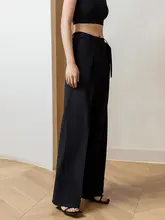 高級感漂うリボンデザインのダブルブレストパンツ【春夏用・中高腰・体型カバー・レディース】（セットアップ対応）