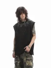 ノースリーブTシャツ ユニセックス クルーネック スター柄 クロス ラインストーン ルーズ アメリカン風 上品 ペア ストリート 「Mz」