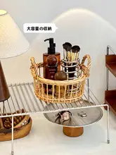 レトロスタイルの草編み化粧品収納ボックス【化粧卓上用・コスメ・ブラシ・香水・マスク収納】