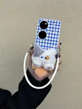 折りたたみ式スマートフォンケース【チェック柄・秋冬毛羽立つデザイン・猫型ポケット・手提げストラップ付き】