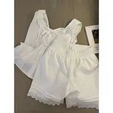 春夏用 白色リボン付きノースリーブルームウェア【レース飾り・ショートパンツ・家居服】（セットアップ対応）