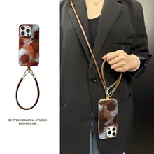 レトロ風のブルーとブラウンのグラデーション iPhone用ケース【ネックストラップとハンドル付き・個性的なデザイン】（セットアップ対応）
