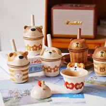 高級感あるセラミックコーヒーカップ【ストロー付き・フタ付き・おしゃれ】