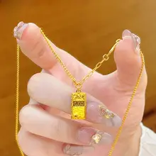 煌めく沙金のブロック型ペンダントネックレス【小さなバーブ付き・鎖骨チェーン・ギフト向け】