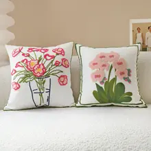 クッションカバー ボタニカル刺繍 綿麻 ピンク リビング インスタ映え 優しい肌触り