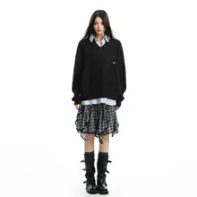 リブニットセーター【シャツ風重ね着・ゆったりシルエット・オータムウィンター】（セットアップ対応）