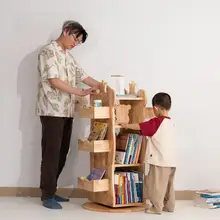 回転式書棚【全木製・大容量・子供用・移動可能・絵本収納】