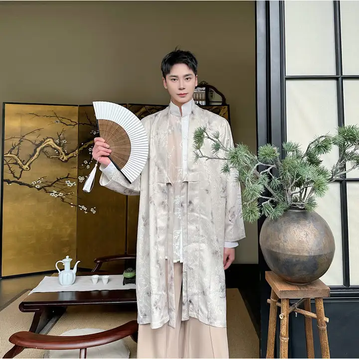 長袍 道袍 茶衣 中国風ローブ メンズ チャイナテイスト 禅 ミドル丈 薄手 茶道 春夏