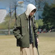 Wassup Happy メンズ秋冬用フード付きジャケット【ゆったりサイズ・偽2点セット・カーゴスタイル】