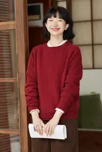 厚手の丸首ニットセーター【全羊毛・ワインレッド・冬用】