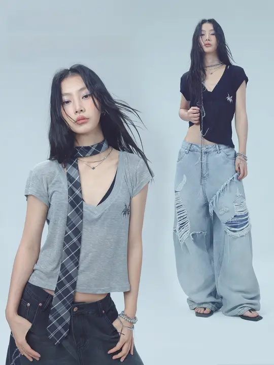 リリックシリーズ Vネック女性用ゆったりジャズスタイル半袖トップス