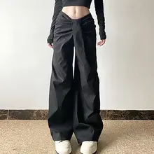 不規則なプリーツデザインのパンツ【女性用・ワイドフィット・スリム効果・ストレート】