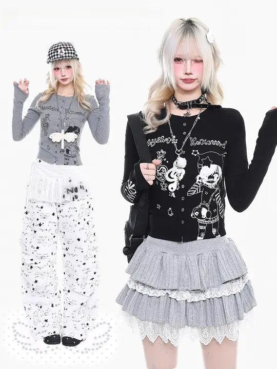 Y2K風レトロカートゥーン長袖Tシャツ【春用・スリムフィット・コンパクトデザイン】