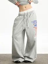 美式復古デザインのドロップウエストストレートワイドパンツ【プリント・ストリートスタイル】（セットアップ対応）