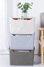 厚手のふた付き収納ボックス【プラスチック製・テーブル用・通気性・編み込み風】
