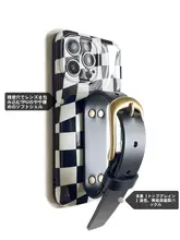 ブラックホワイトチェック柄 本革ストラップ付きレトロデザインカメラレンズ対応スマホケース【13 Pro Max用】