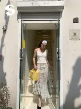 不規則なフィッシュテールスカート【チェック柄・シフォンスカート・リゾートスタイル・ロングスカート】