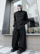 秋冬用の長袖シャツ【金属ディテール・クールなデザイン】とワイドレッグパンツ【スタイリッシュ・ハイエンド感】（セットアップ対応）