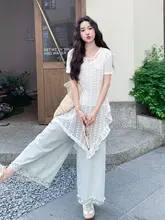 清楚な夏のコーディネート【不規則なレースブラウス・半袖・フレアパンツ】（セットアップ対応）