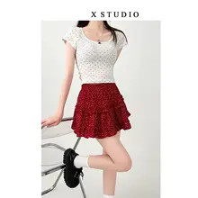 大きいサイズの赤いドット柄ハイウエストスカート【夏用・フレア・ふんわりデザイン】（セットアップ対応  ）