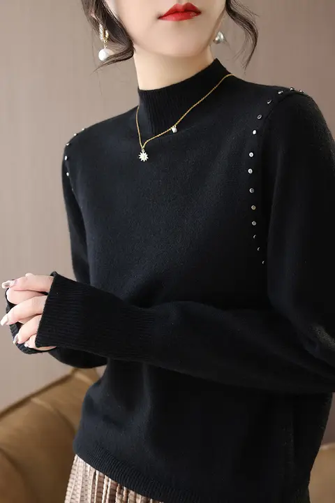黒のウール混 半高ネックニットトップ【秋冬用・極上の柔らかさ・ゆったりシルエット】
